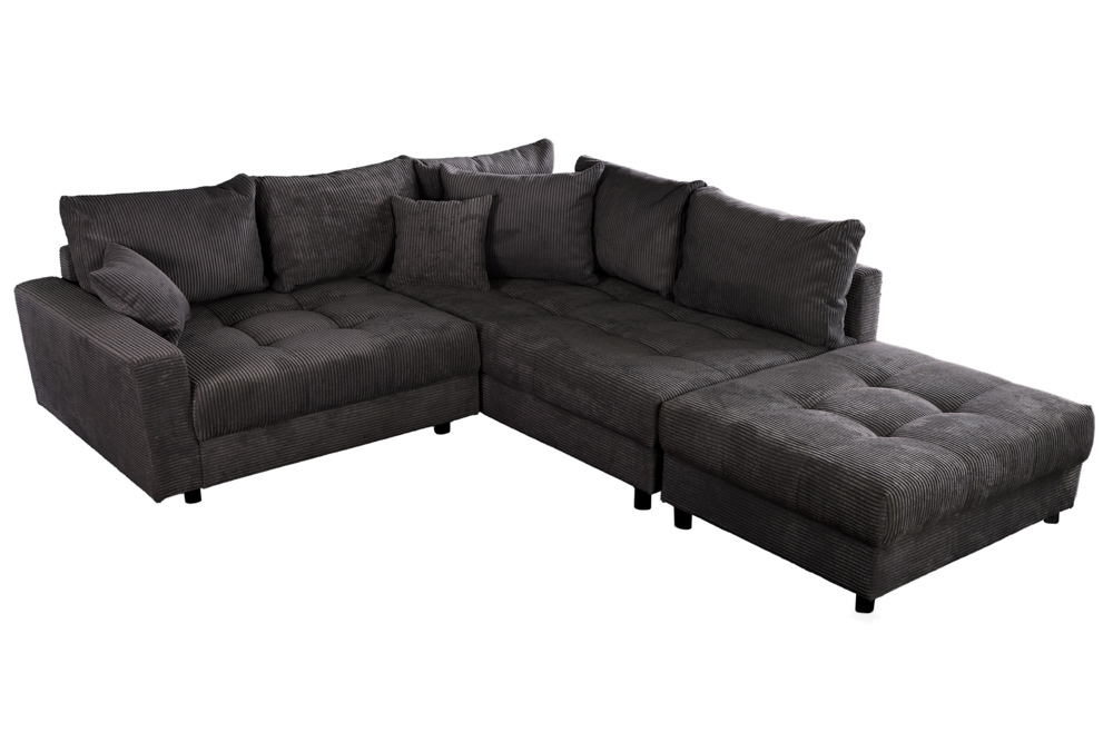 Modernes Ecksofa KENT 220cm dunkelgrau Cord inklusive Hocker Federkern Wohnlandschaft