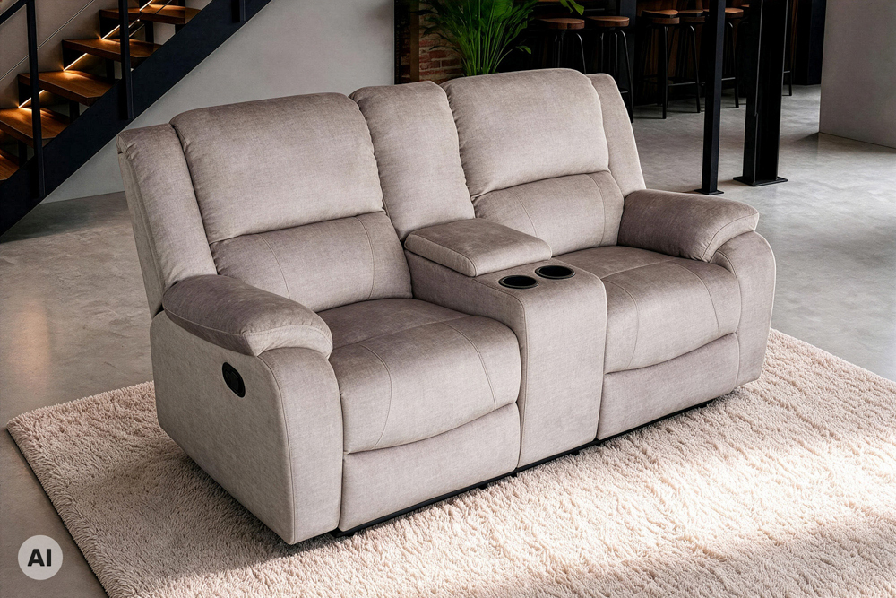 Exklusiver 2er Kinosessel HOLLYWOOD champagner beige hochwertiger Vogue Veloursstoff mit Cupholder
