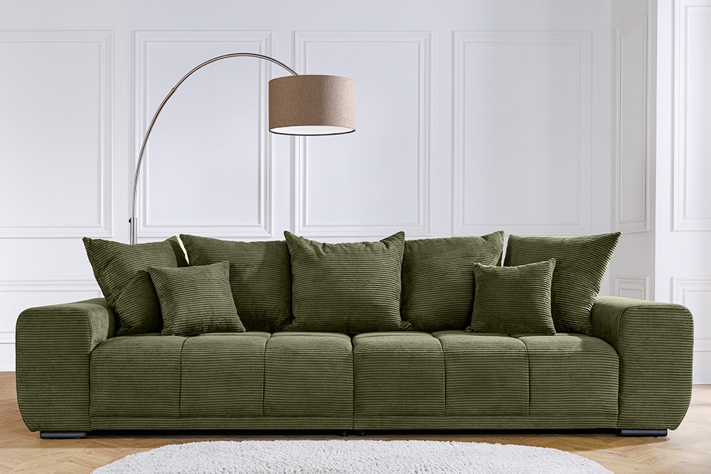 Modernes XXL Sofa ELEGANCIA 285cm grün Cord Federkern inklusive Kissen Bigsofa
