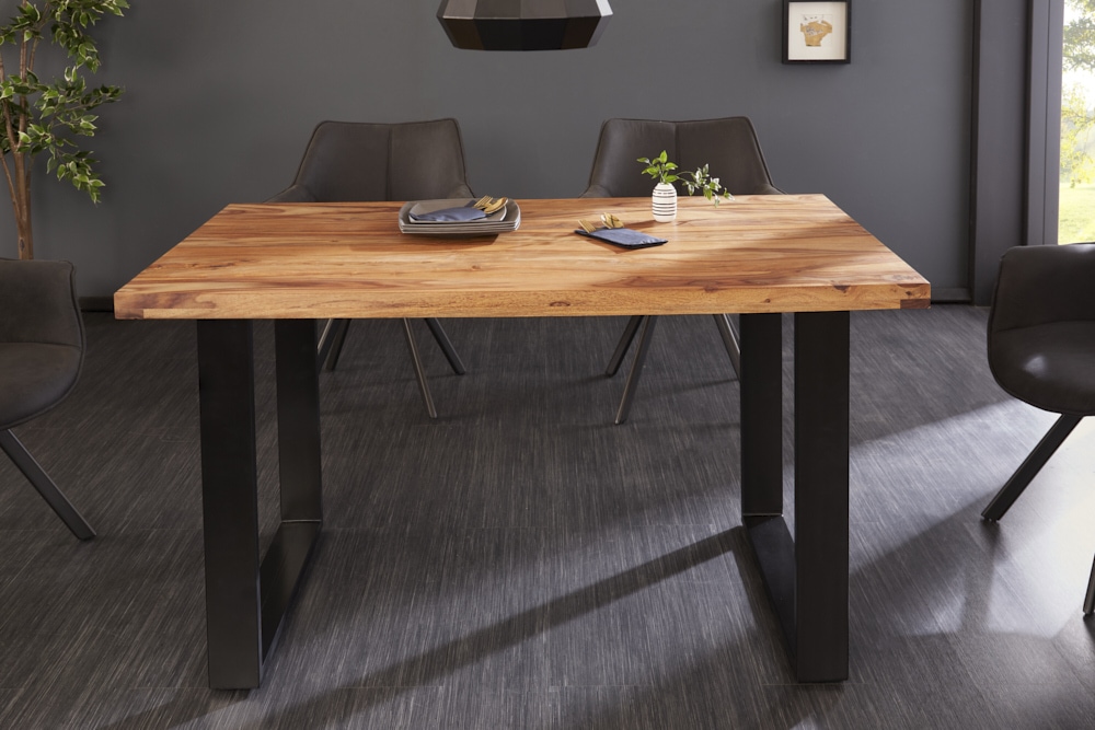 Massivholz Esstisch IRON CRAFT 140cm braun schwarz Sheesham stone finish Industrial
