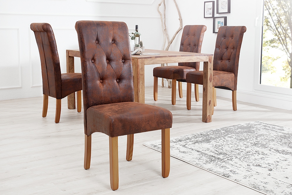 Edler Stuhl CASA whisky braun vintage mit Zierknöpfen Massivholzbeine