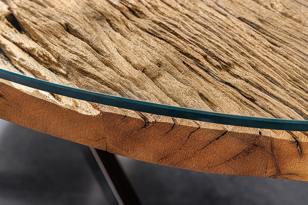 Massiver Esstisch BARRACUDA 220cm braun Teakholz silber Sterngestell Glasplatte