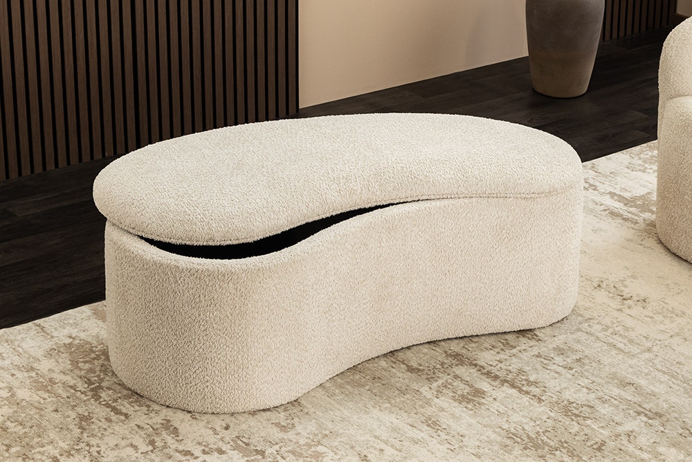 Extravagante Polsterbank ELEMENTAL 120cm champagner beige Feinstrick Bouclé mit Stauraum