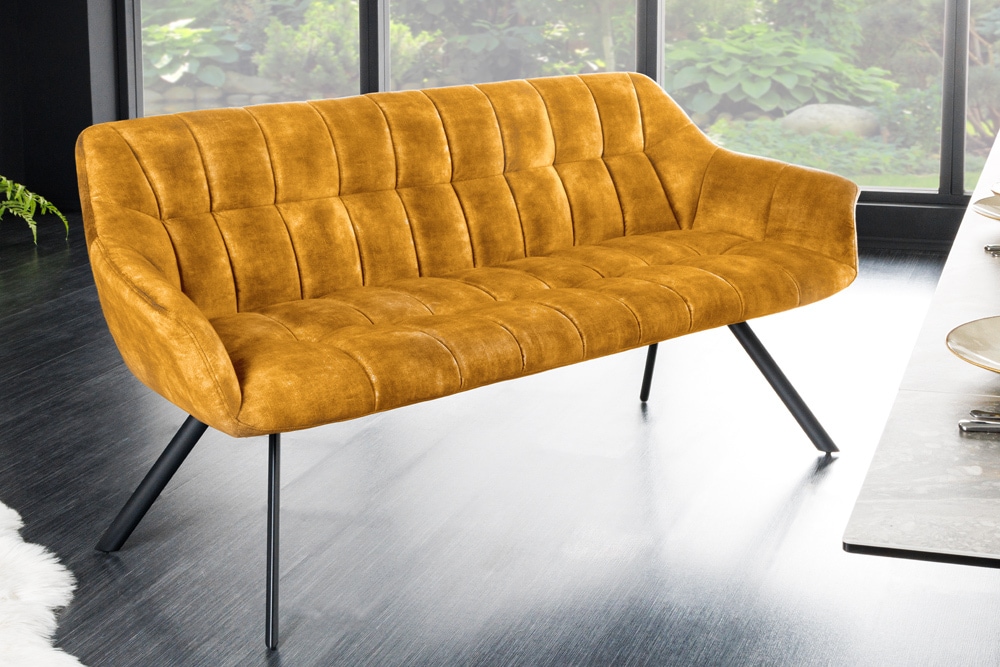 Esszimmer Sitzbank PAPILLON 165cm senfgelb Samt mit Lehnen schwarzes Metallgestell