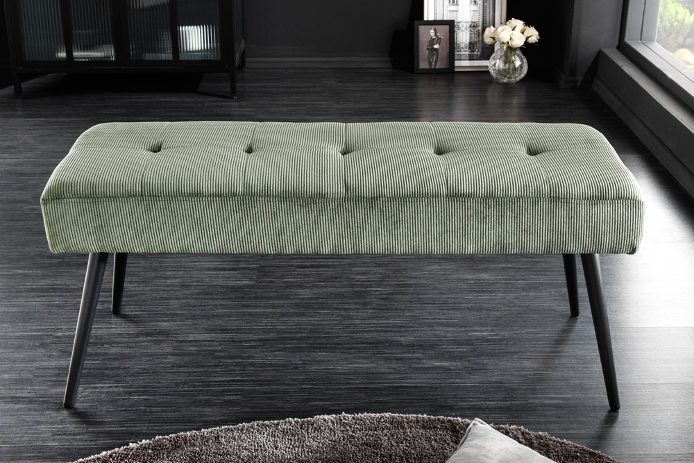 Design Sitzbank BOUTIQUE 100cm grün Cord schwarze Metallbeine