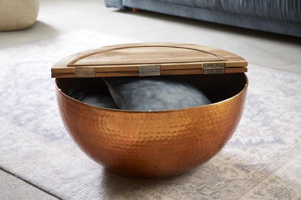 Runder Couchtisch ORIENT STORAGE 60cm kupfer Hammerschlag handmade Akazienholz mit Stauraum