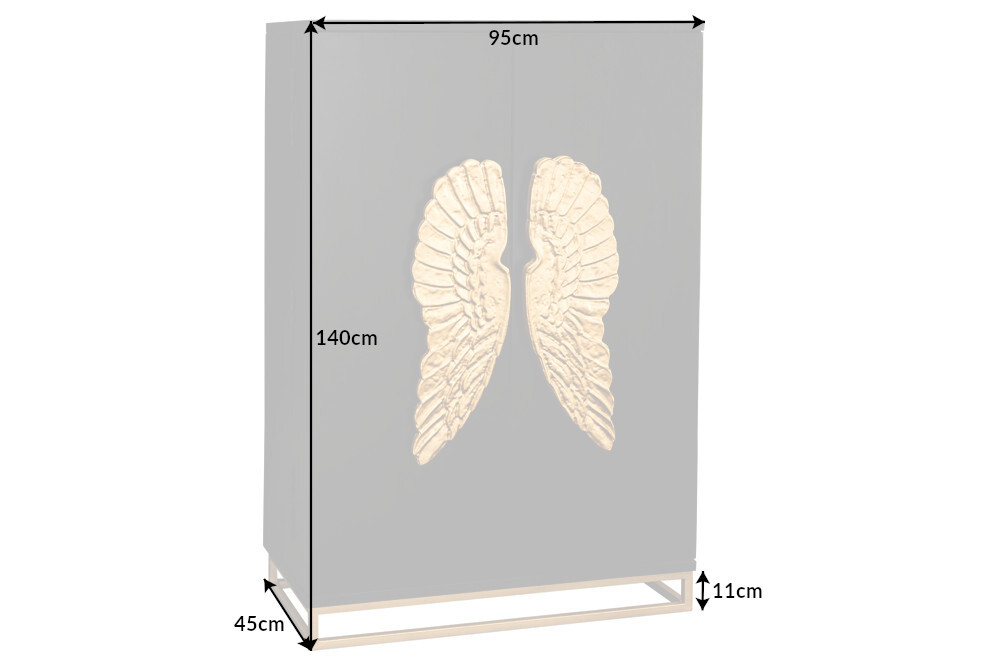 Extravaganter Barschrank ANGEL 140cm schwarz Mangoholz mit goldenen Flügeln