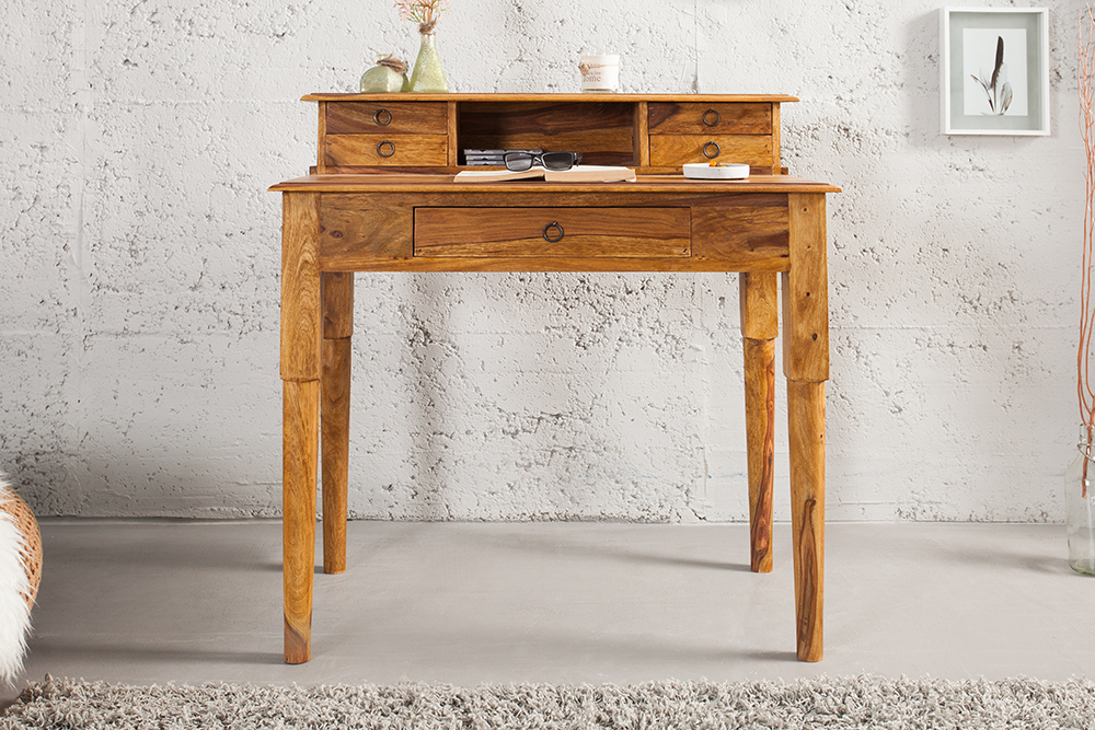 Design Sekretär HEMINGWAY M 90cm braun Sheesham Massivholz stone finish Schreibtisch