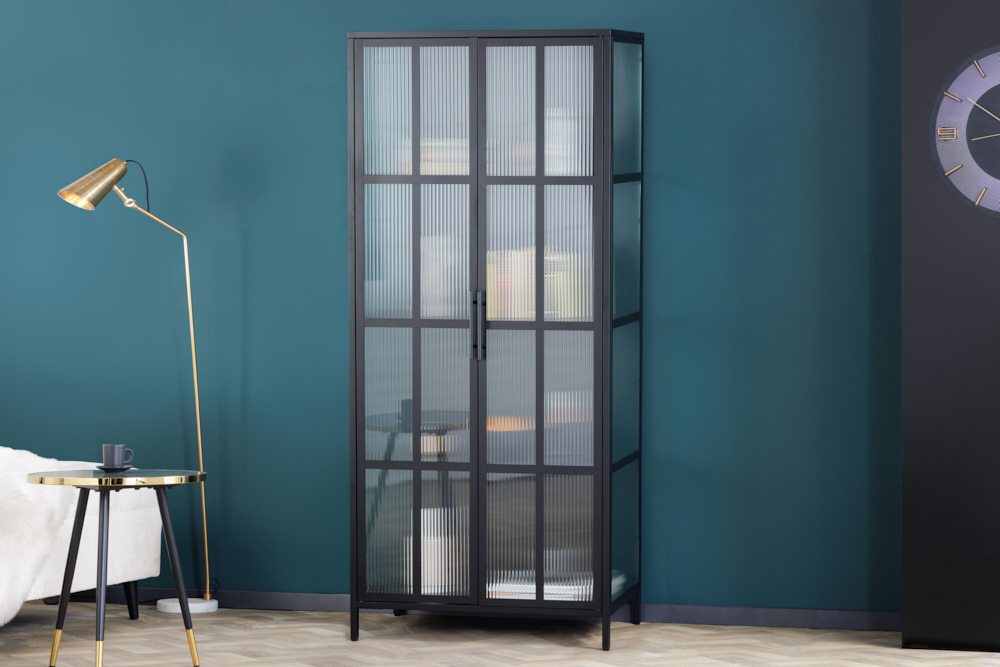 Industrial Vitrine DURA STEEL 180cm schwarz Metall Riffelglas Highboard Industrial Vitrine DURA STEEL 180cm schwarz Metall Riffelglas Highboard