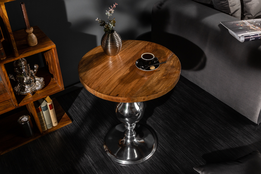 Design Beistelltisch EXTRAVAGANCIA 60cm Mangoholz massiv rund Metall Säulenfuß silber