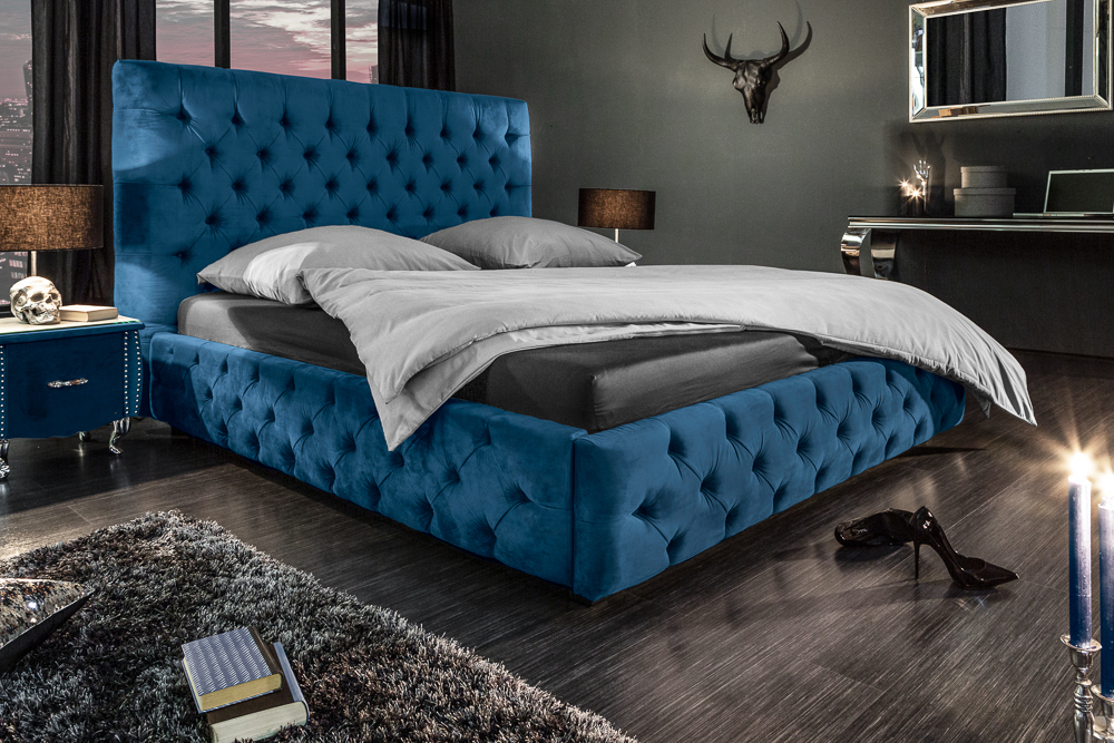 Design Doppelbett PARIS 180x200cm dunkelblau Samt Chesterfield
