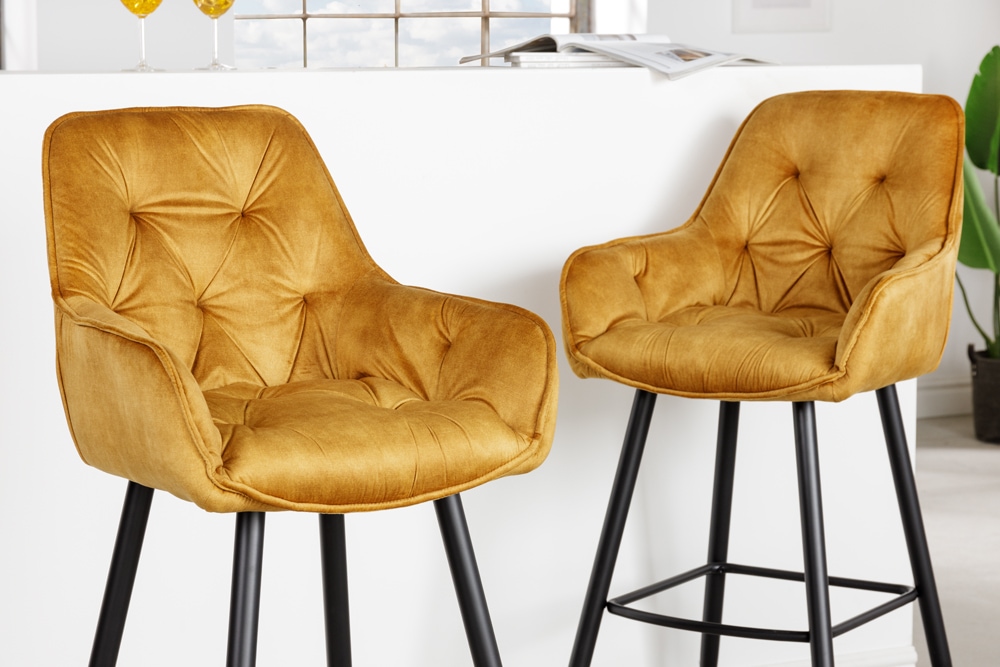 Design Barhocker MILANO senfgelb Samt Barstuhl mit Lehne Metall schwarz
