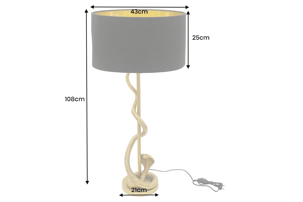 Design Tischlampe COBRA 110cm gold Schlangen Skulptur schwarzer Stoffschirm