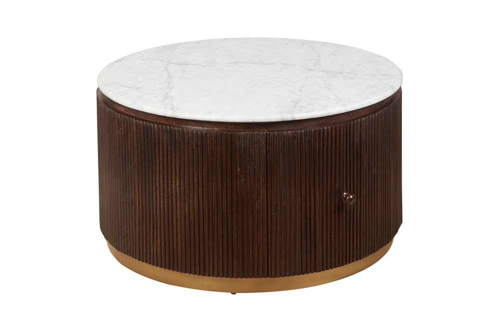 Runder Couchtisch COFFEE TABLE GATSBY 70cm braun weiß Mangoholz Marmor Schublade