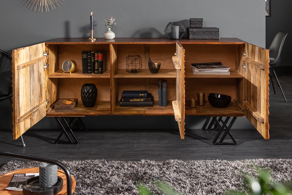 Handgearbeitetes Sideboard FLUID 160cm Mangoholz mit aufwendigen 3D Schnitzereien