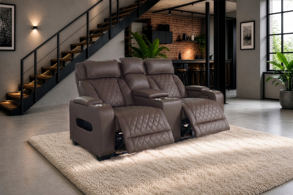 Elektrischer 2er Kinosessel HOLLYWOOD braun Kunstleder Relaxfunktion Getränkehalter