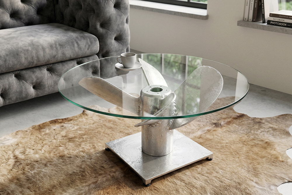 Maritimer Couchtisch OCEAN M 60cm silber antik rund Schiffsschraube Glasplatte