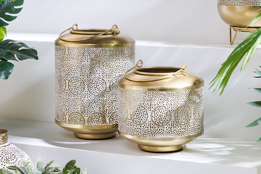 Deko Windlicht ORIENT 20cm gold Metall mit Patina handmade Laterne
