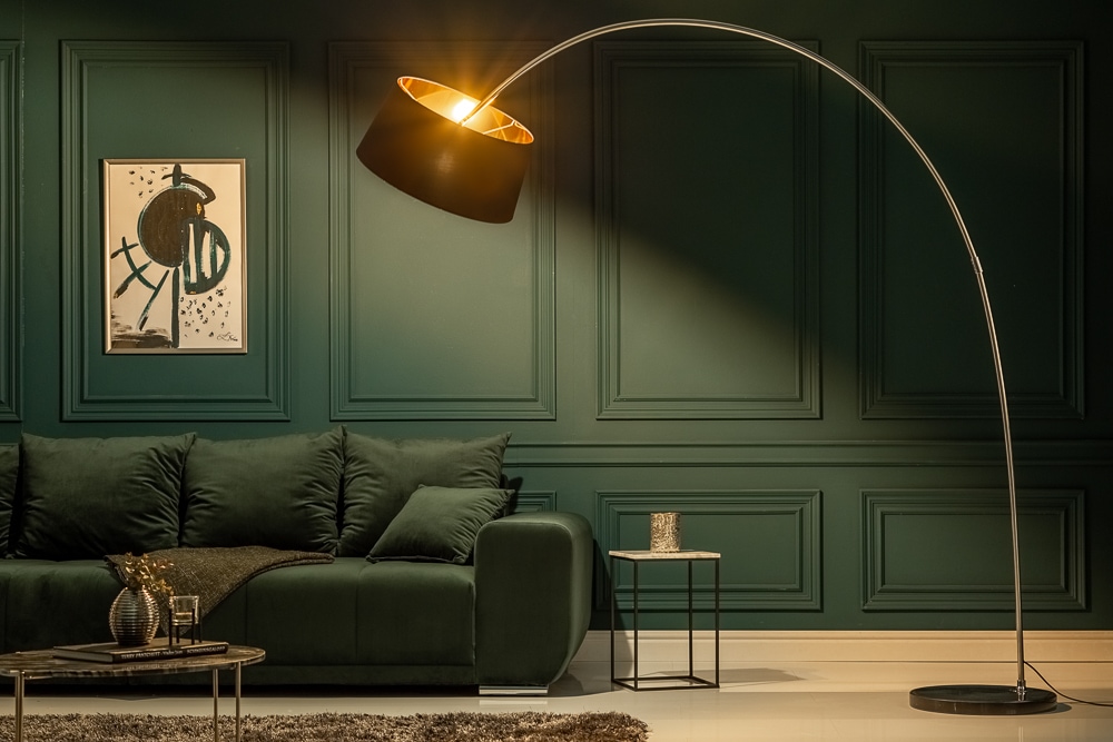 Design Bogenlampe FORMA 215cm schwarz gold Stehlampe mit Marmorfuß