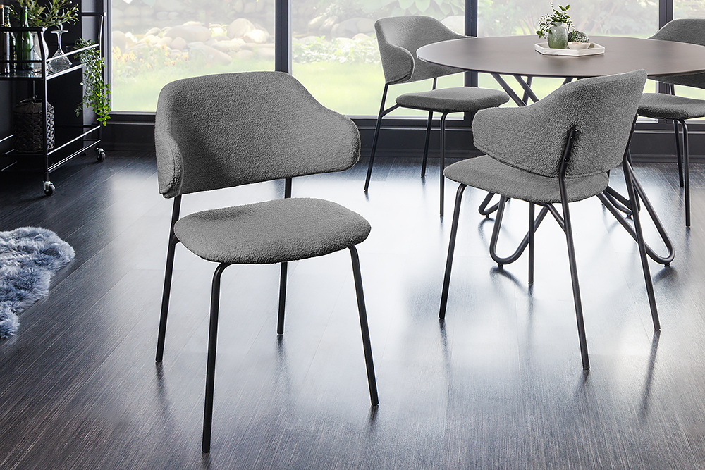 Design Stuhl VOGUE grau Bouclé schwarze Metallbeine
