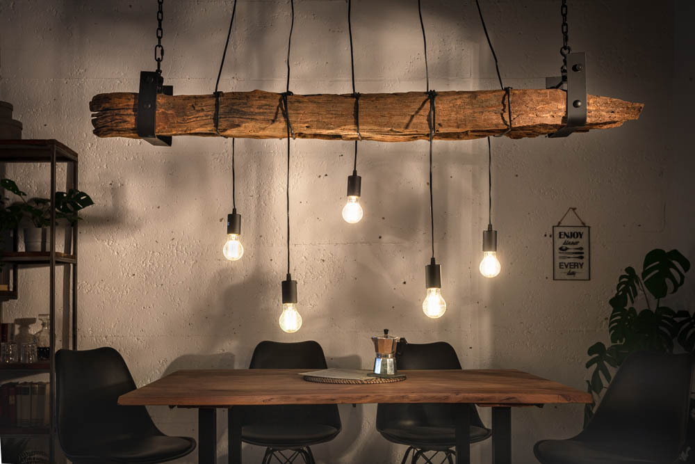 Industrial Hängelampe BARRACUDA 152cm recyceltes Massivholz mit 5 Leuchten