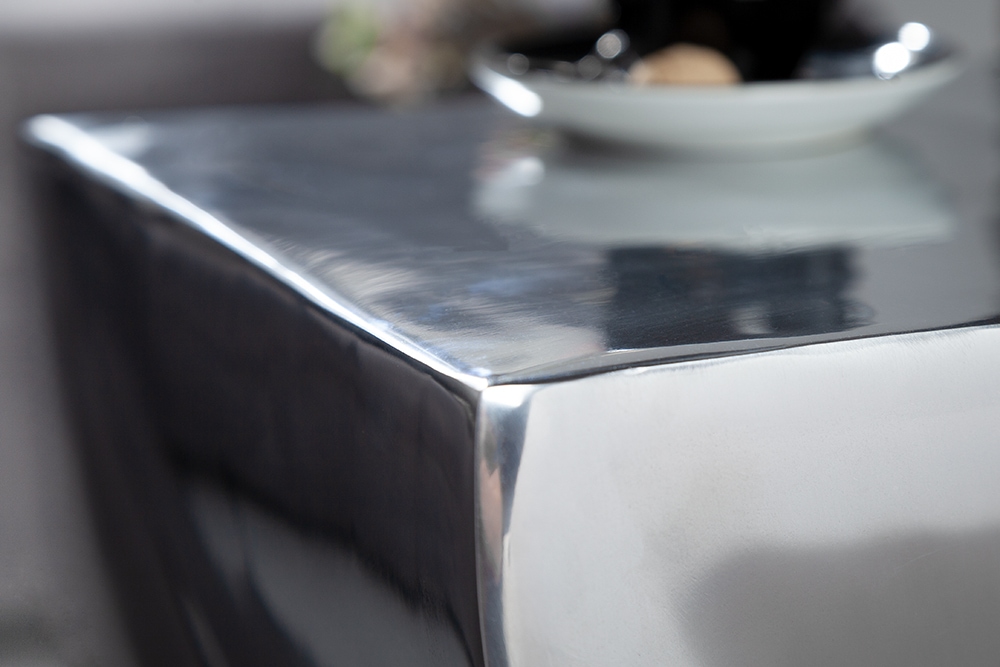 Skulp­tu­raler Beistelltisch TWIST 45cm silber Aluminium poliert Sitzhocker Modern Design