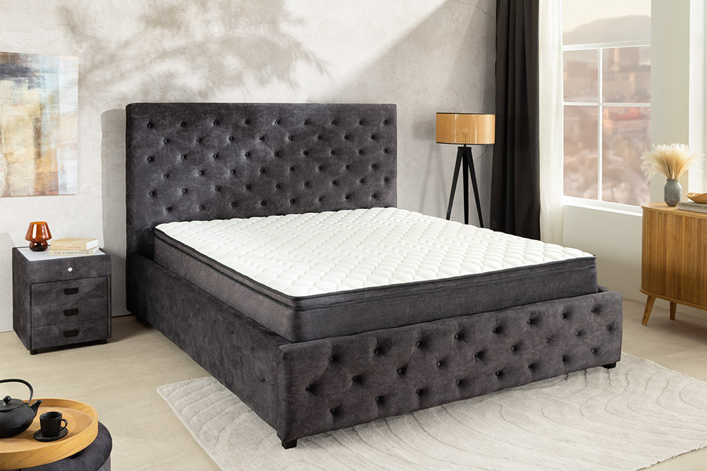 Boxbett PARIS 160x200cm grau Samt mit Stauraum inkl. Matratze und Topper