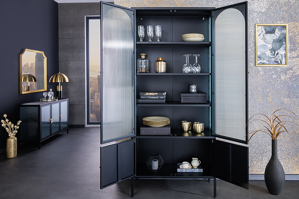 Moderne Vitrine PARIS 180cm schwarz gold Riffelglas Metall Highboard Schrank