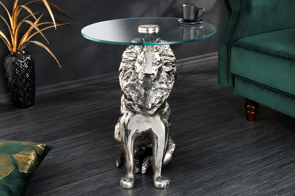 Runder Beistelltisch WILDLIFE LION 60cm silber antik Metall Glas Löwen Skulptur