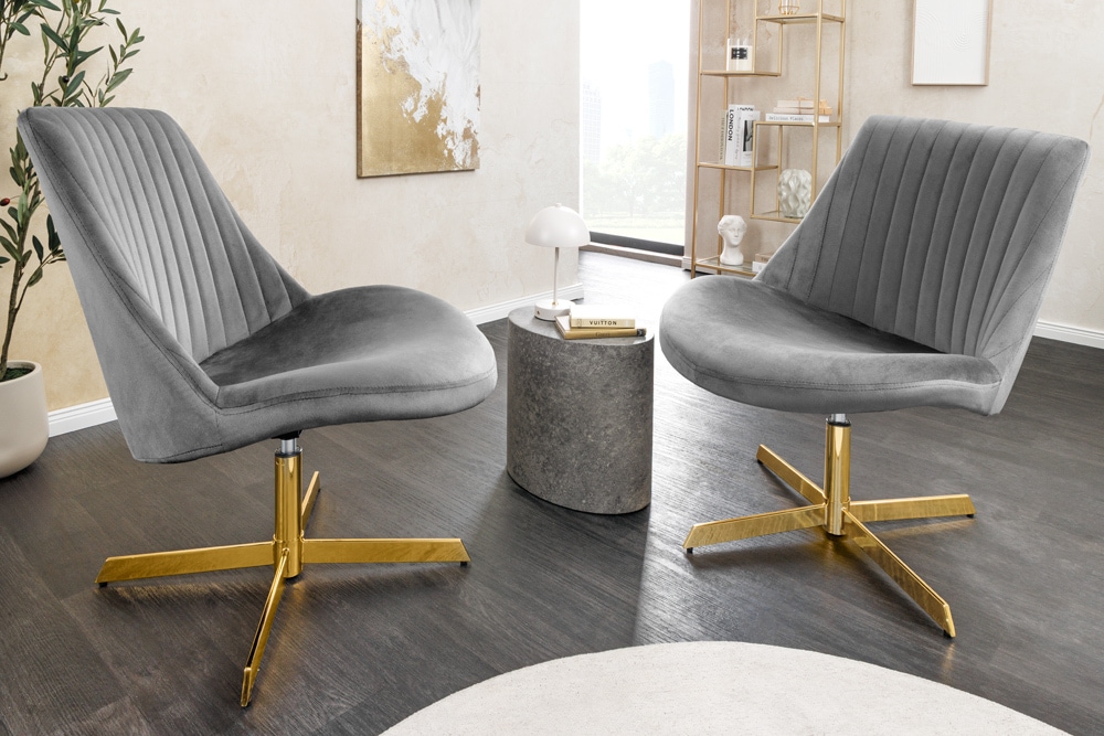 Drehbarer Sessel LOUNGER grau gold Samt Modern Design