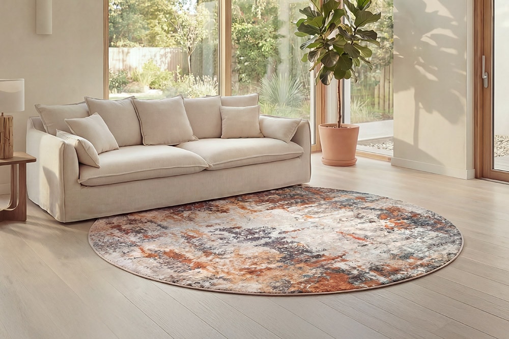 Runder Design Teppich MODERN ART 150cm beige grau kupfer Kurzflor Indoor