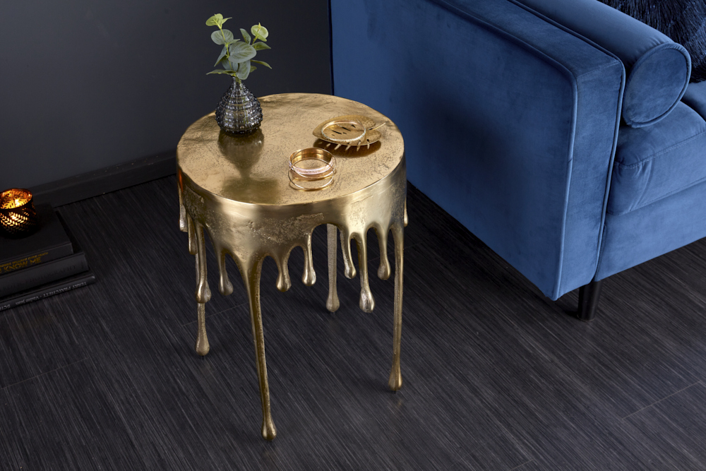 Extravaganter Beistelltisch LIQUID LINE 50cm gold Tropfen-Design Metall Aluminium rund