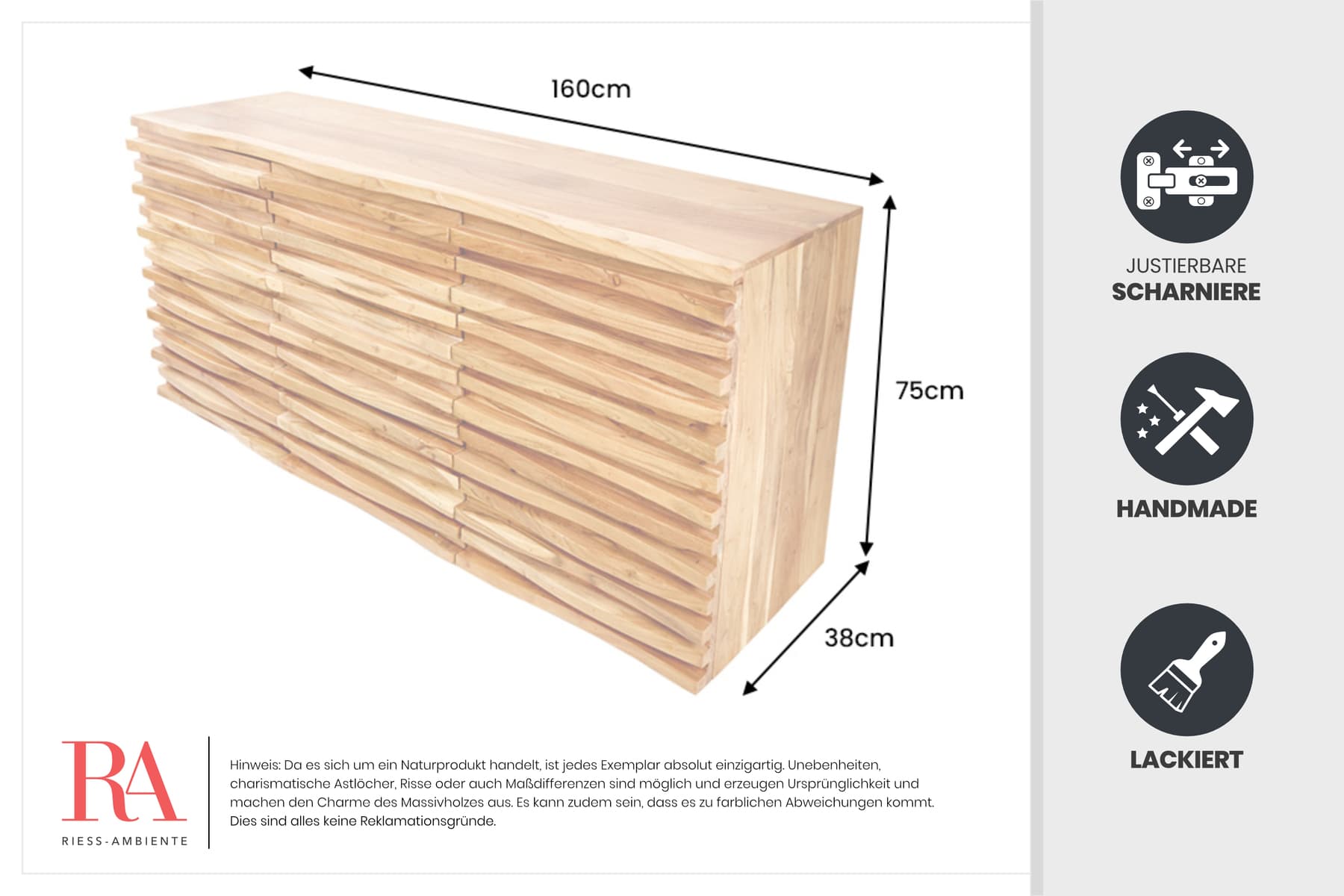 Massivholz Sideboard RELIEF 160cm Akazie Kommode mit Schubladen aufwändige Front