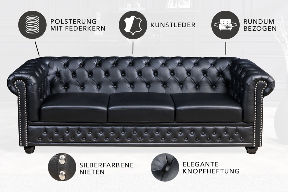 Chesterfield 3-Sitzer Sofa 205cm schwarz Nietenbesatz Federkern