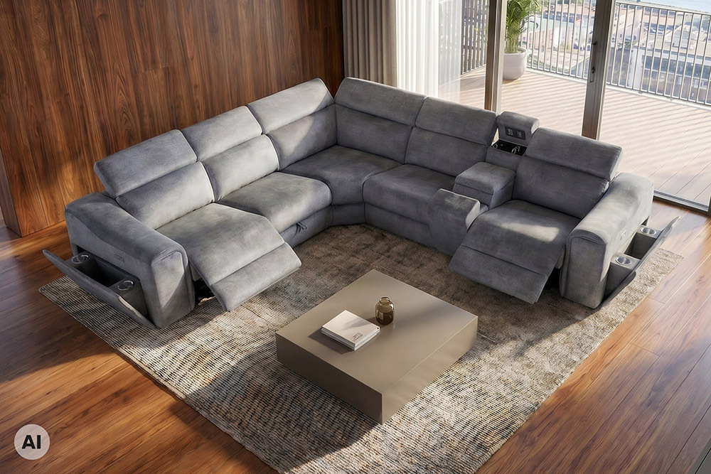 Multifunktionales Ecksofa PRIME 300cm grau Vogue Seiden Samtstoff Relaxfunktion
