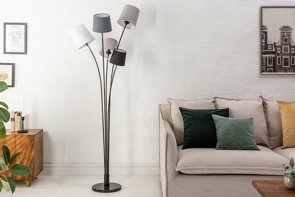 Design Stehlampe LEVELS 176cm schwarz grau mit 5 Leinenschirmen