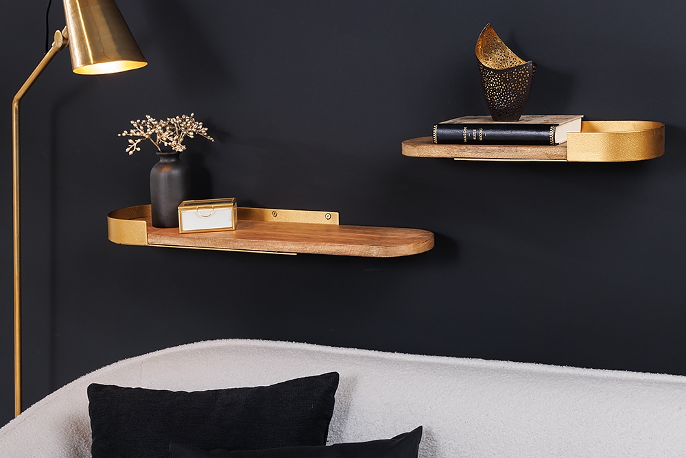 Modernes 2er Set Wandregal PURE NATURE 60cm gold Mangoholz massiv Metall handmade