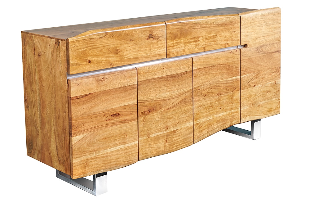 Massivholz Sideboard MAMMUT 170cm Akazie Baumkante mit Schubladen Kufengestell Edelstahl
