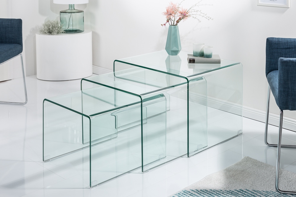 Design 3er Set Glas Couchtisch FANTOME 60cm Beistelltische transparent