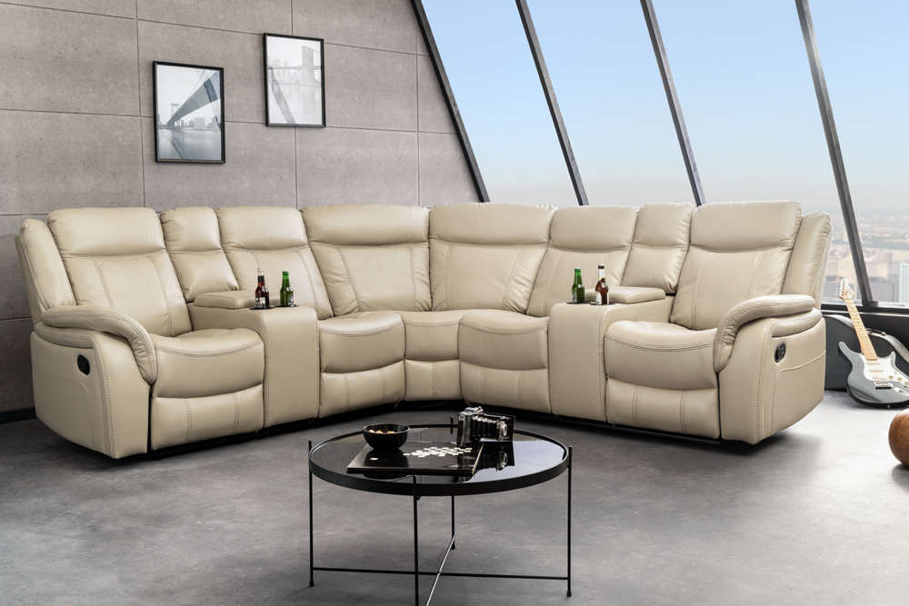 Exklusiver 5er Kinosessel HOLLYWOOD beige Ecksofa Getränkehalter Stauraum