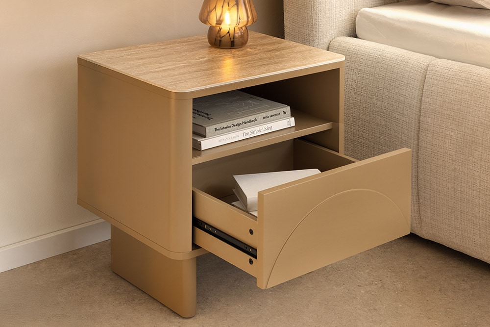 Design Nachttisch SAVOY 50cm grau beige greige Keramik Travertin Beistelltisch