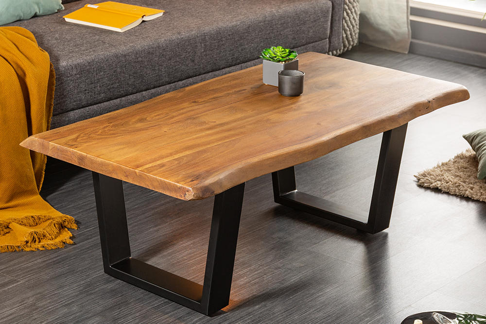 Massivholz Baumstamm Couchtisch MAMMUT 110cm Akazie schwarzes Metallgestell 3,5cm Tischplatte