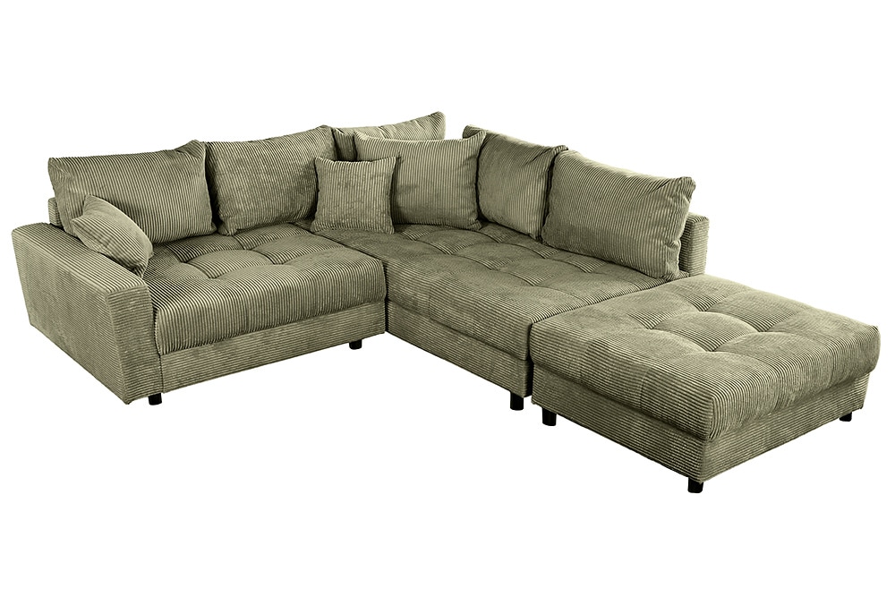 Modernes Ecksofa KENT 220cm grün Cord inkl. Hocker Federkern L-Form Wohnlandschaft