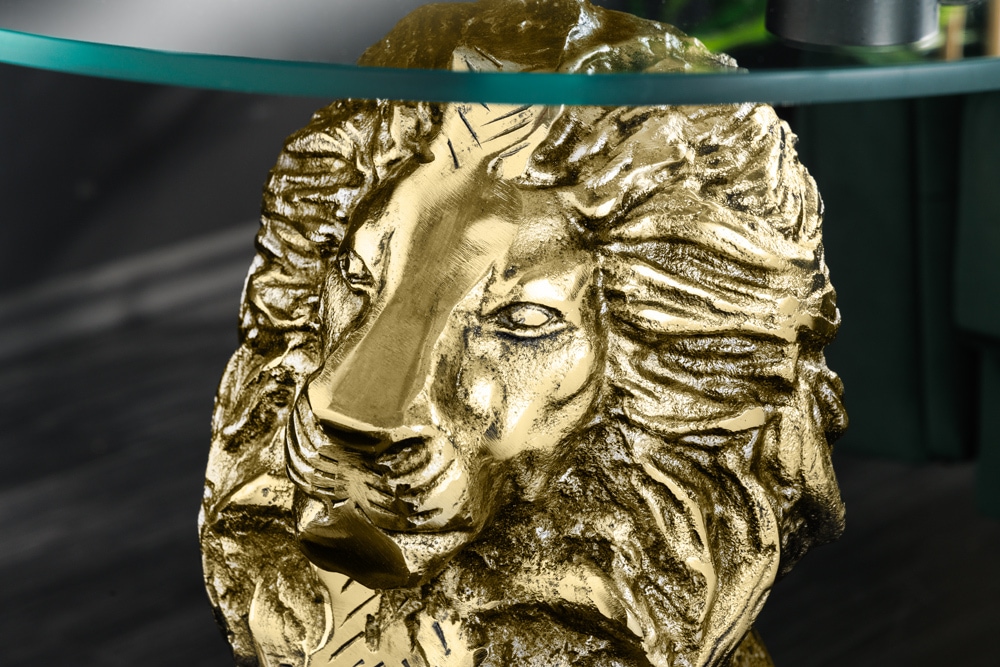 Runder Beistelltisch WILDLIFE LION 60cm gold antik Metall Glas Löwen Skulptur