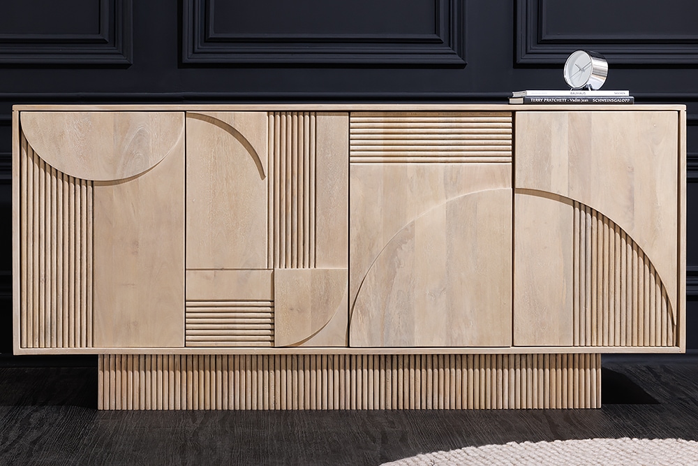 Design Sideboard ART DECO 170cm weiß gekälkt Mangoholz massiv 3D-Front