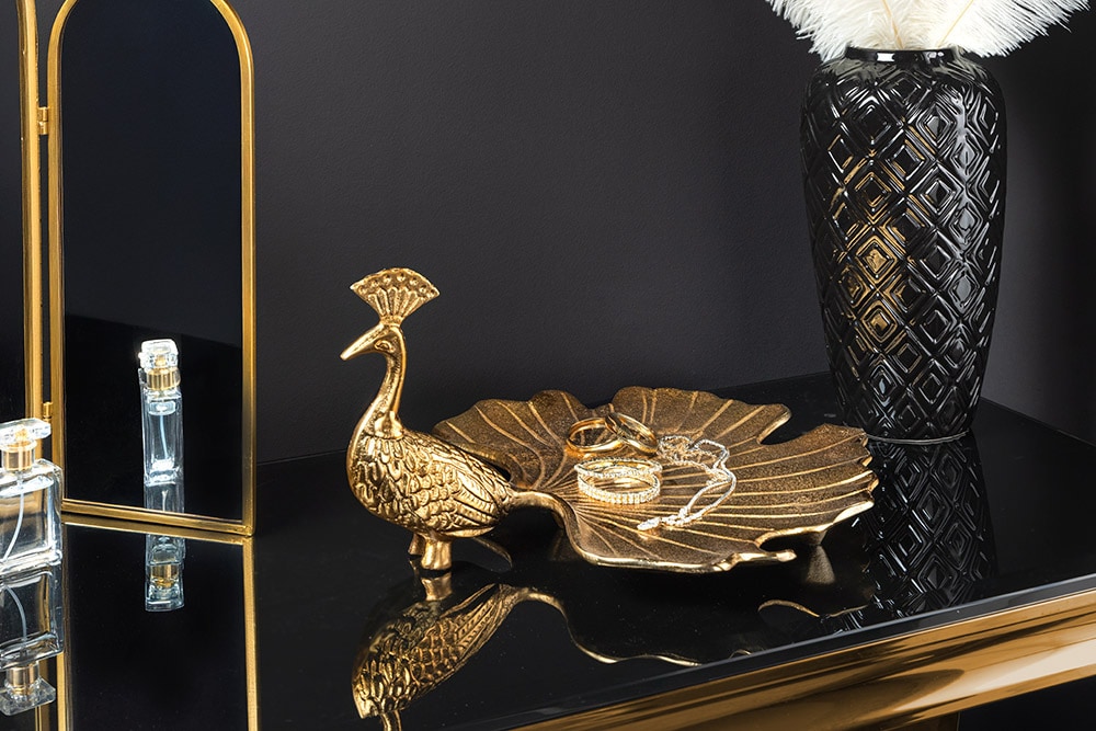 Handgefertigte Servierplatte WILDLIFE PEACOCK 40cm gold Metall Pfauen-Skulptur