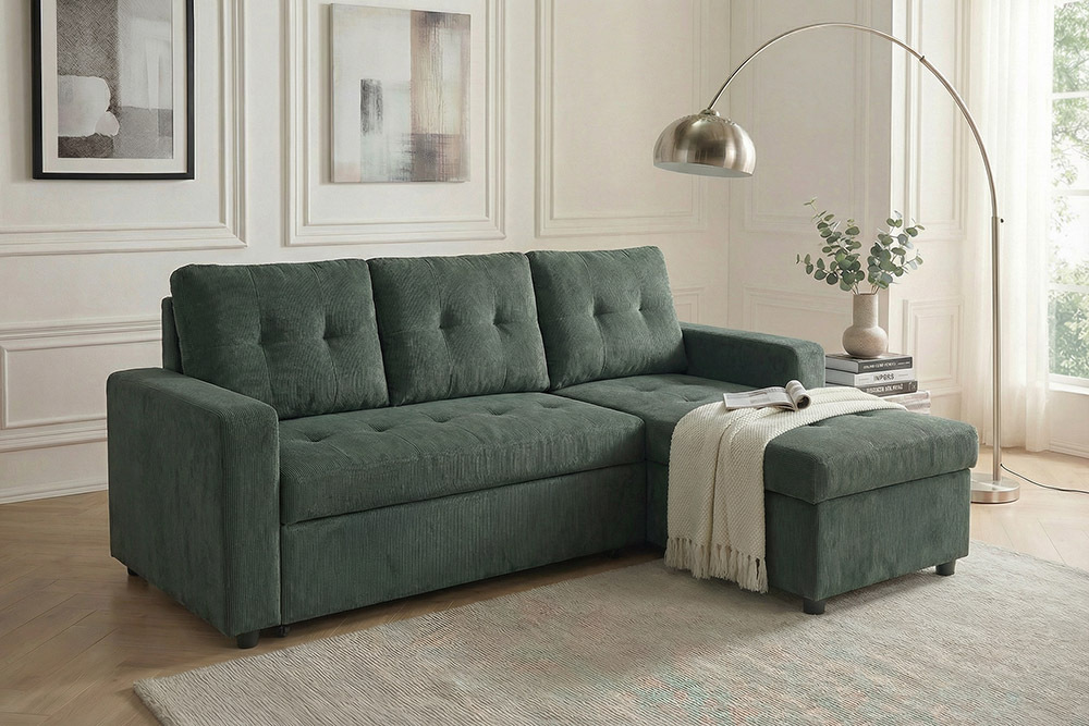 Ecksofa mit Schlaffunktion APARTMENT beidseitig aufbaubar grün Cord inkl. Stauraum
