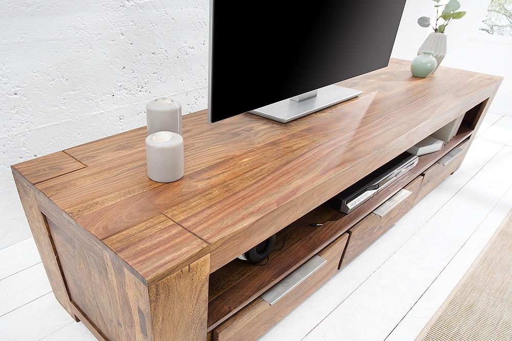 Massives TV-Board MAKASSAR 170cm braun Sheesham stone finish Lowboard drei Schubladen