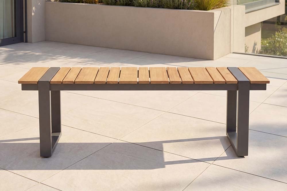 Moderne Outdoor Sitzbank TAMPA LOUNGE 125cm grau natur Aluminium Metall Holz-Design wetterfest