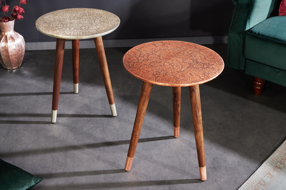 Design Beistelltisch ALCAZAR 50cm antik kupfer Metall Mangoholz Handarbeit rund
